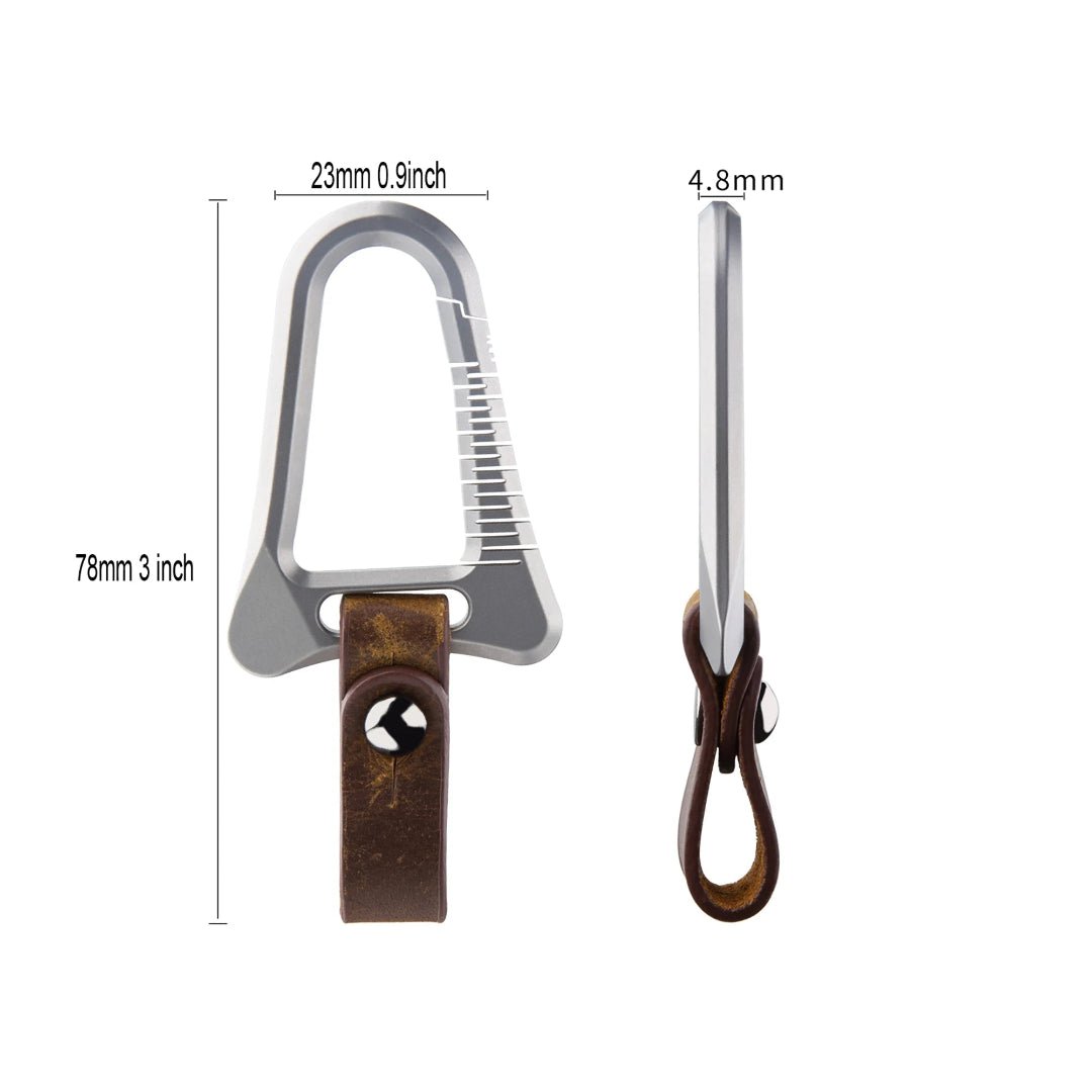 Carabiner with leather strap and measurements on a white background