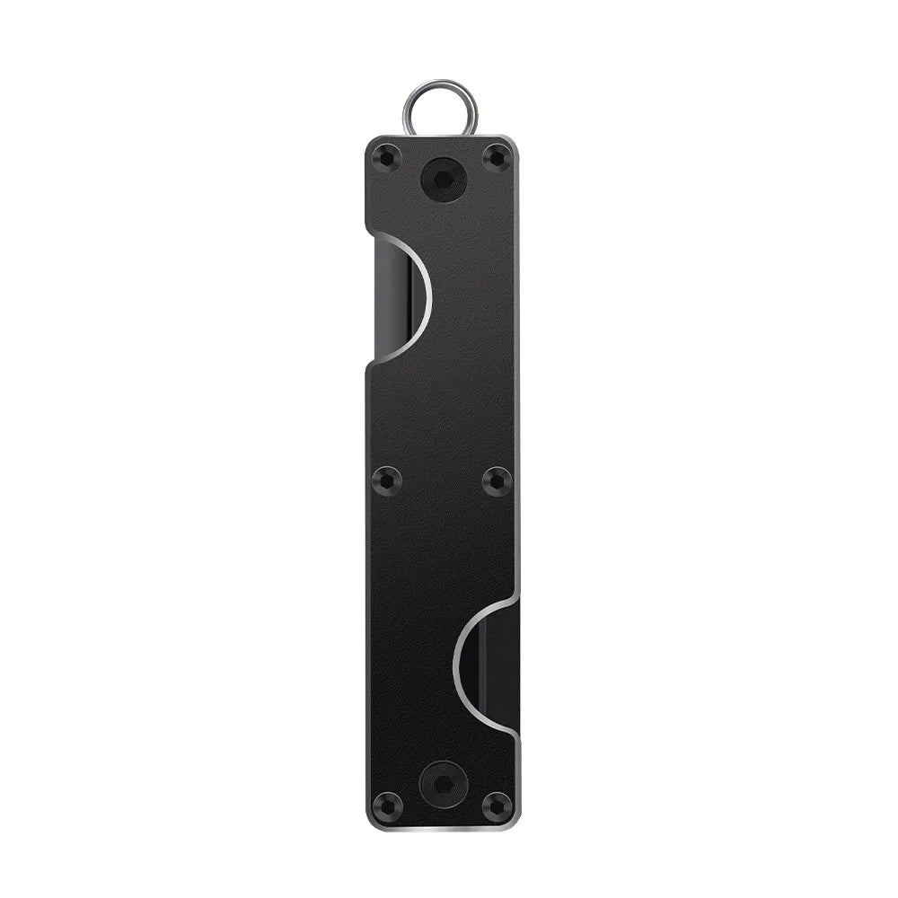 Black key holder with keyring on white background.