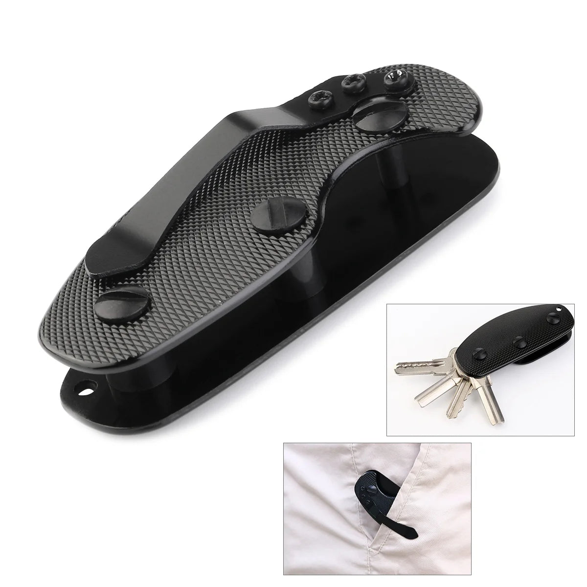 Black key holder with keychain attachment and examples of use on a white background.
