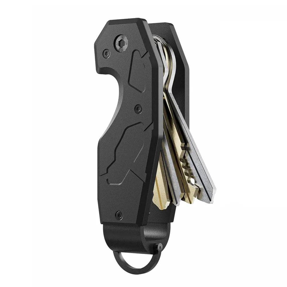 Black key organizer with keys on a white background.