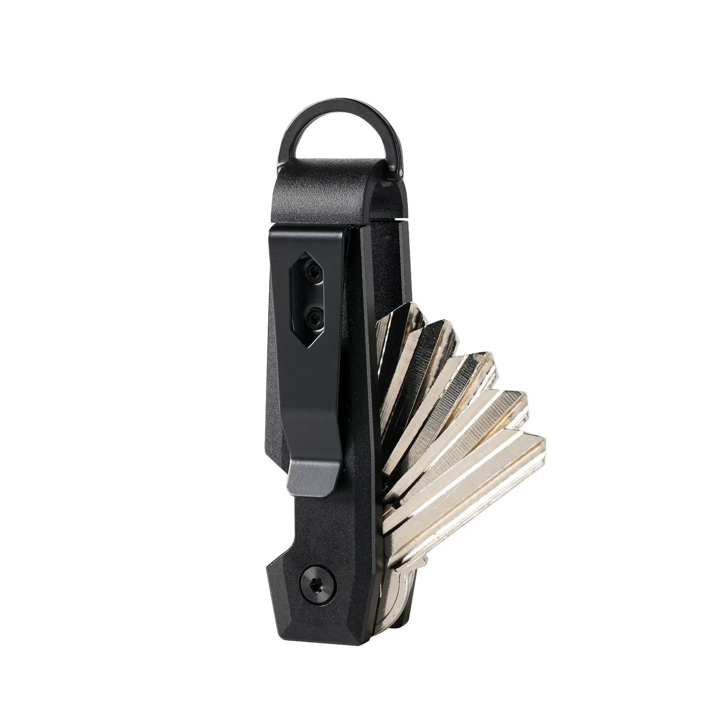 Black key organizer with multiple keys on a white background