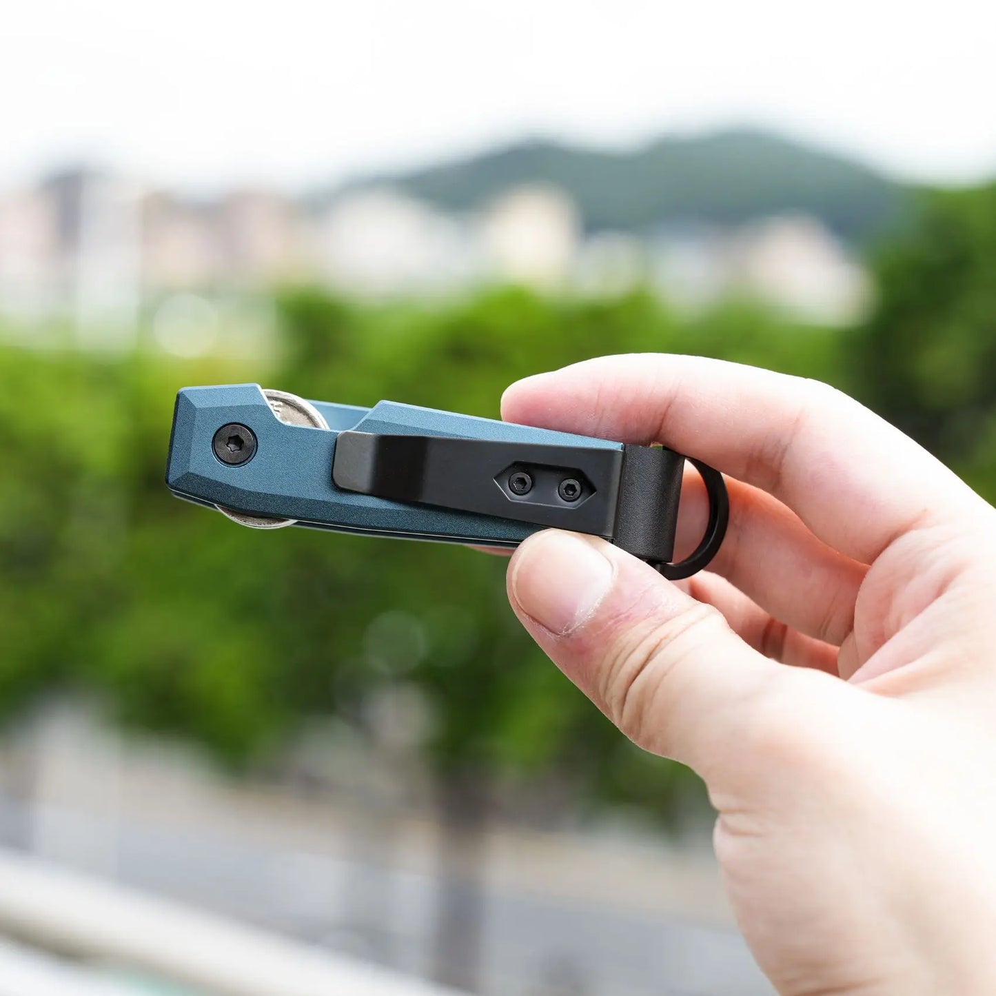 Hand holding a blue Key Holder with a blurred green outdoor background