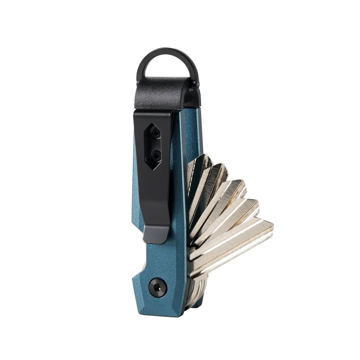 Blue Key organizer with multiple keys on a white background
