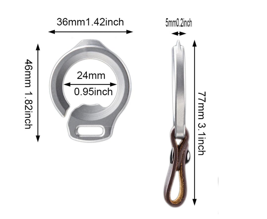 Measurement of a bottle opener keychain with dimensions labeled