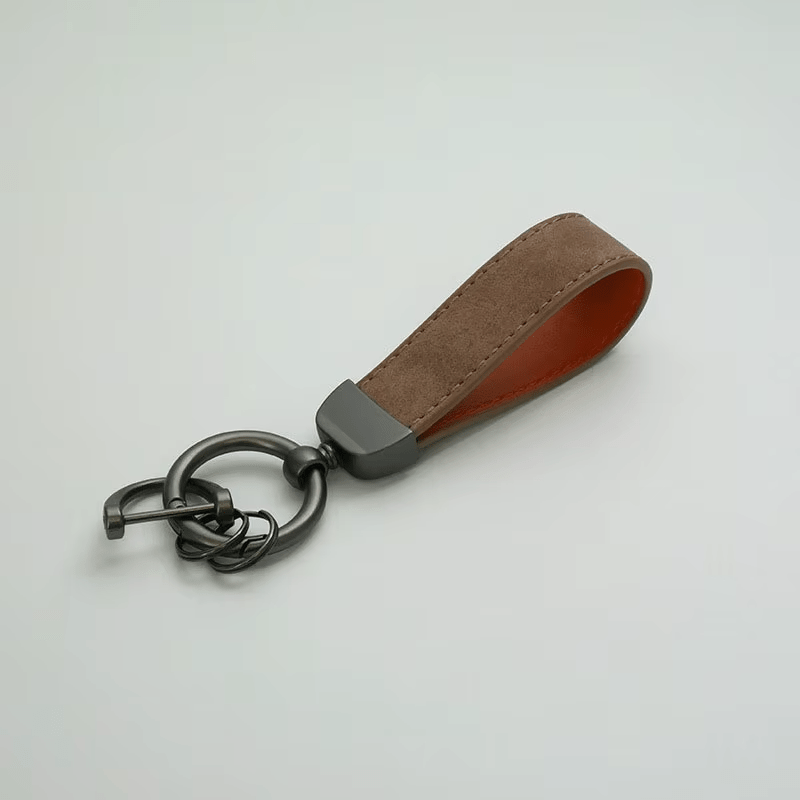 Brown leather keychain with metal clasp on a light gray background