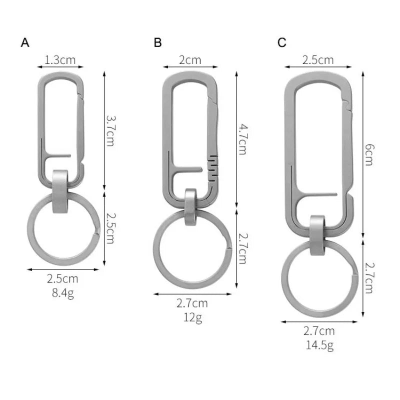 Comparison of 3 sizes of titanium carabiner keychains
