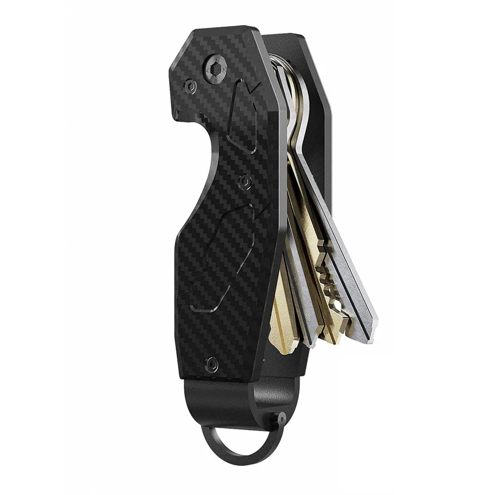 Black key organizer with keys on a white background.
