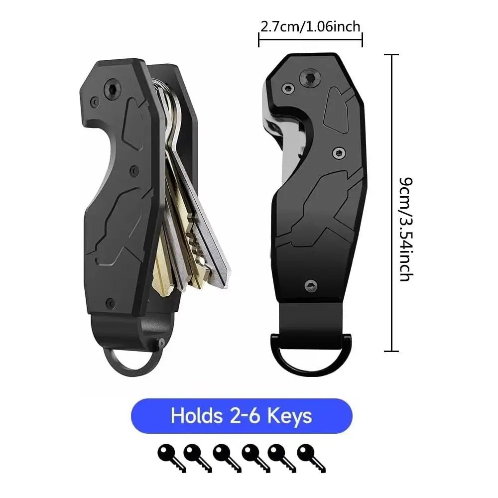 Black multi-tool with key holder and measurements on a white background.