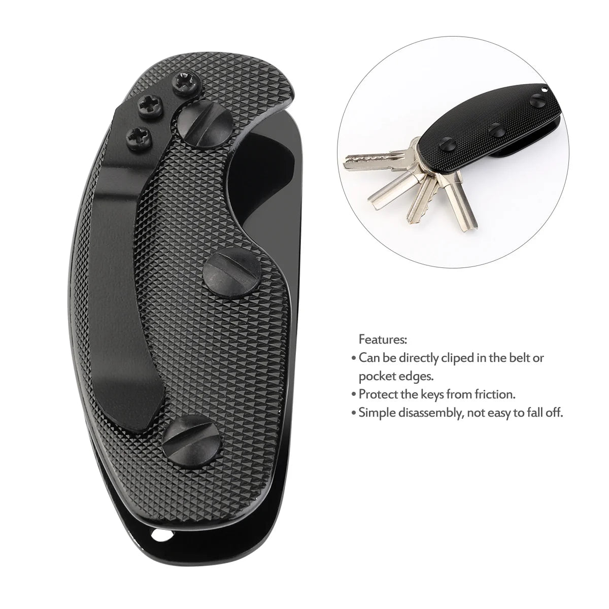 Black key organizer with keychain attachment and features on a white background.