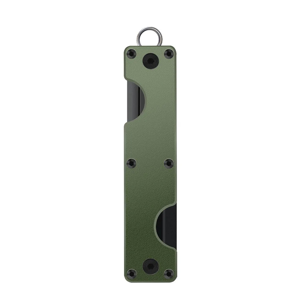 Green key holder with a keychain ring on a white background
