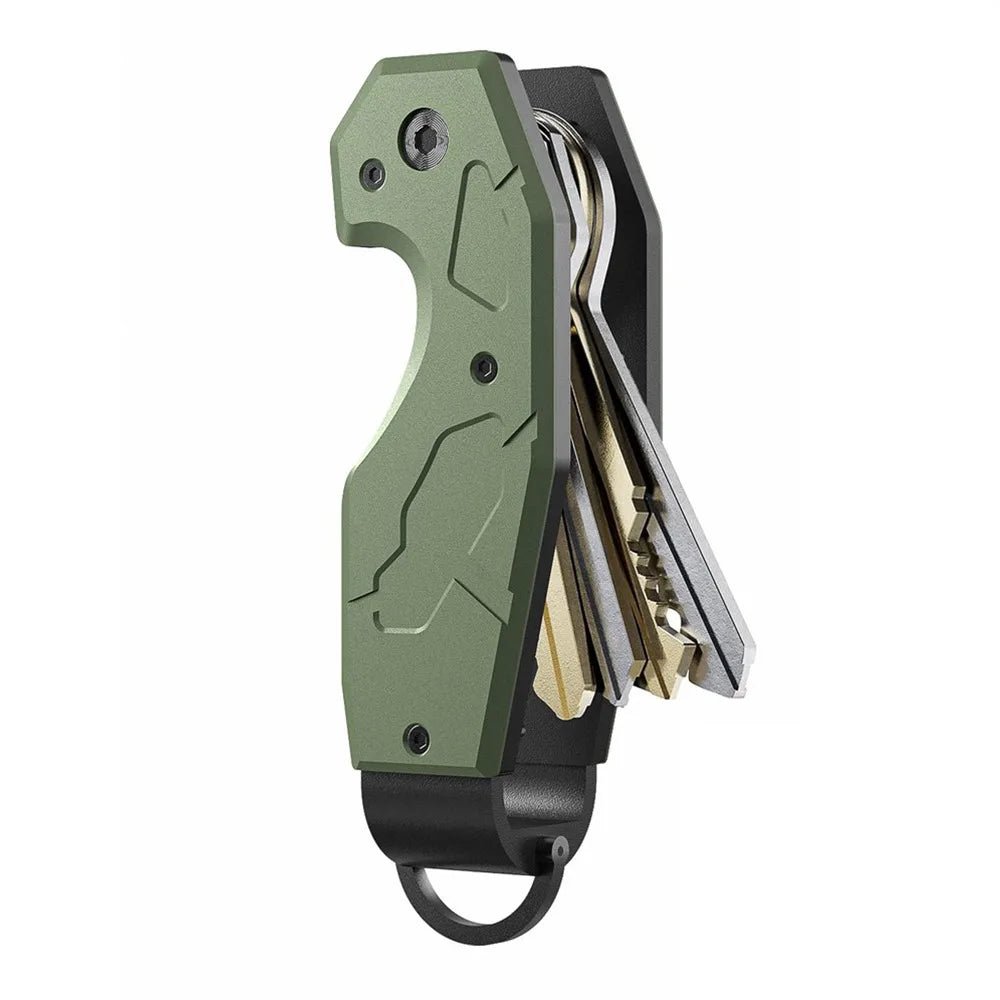 Green multi-tool with keychain attachment on a white background