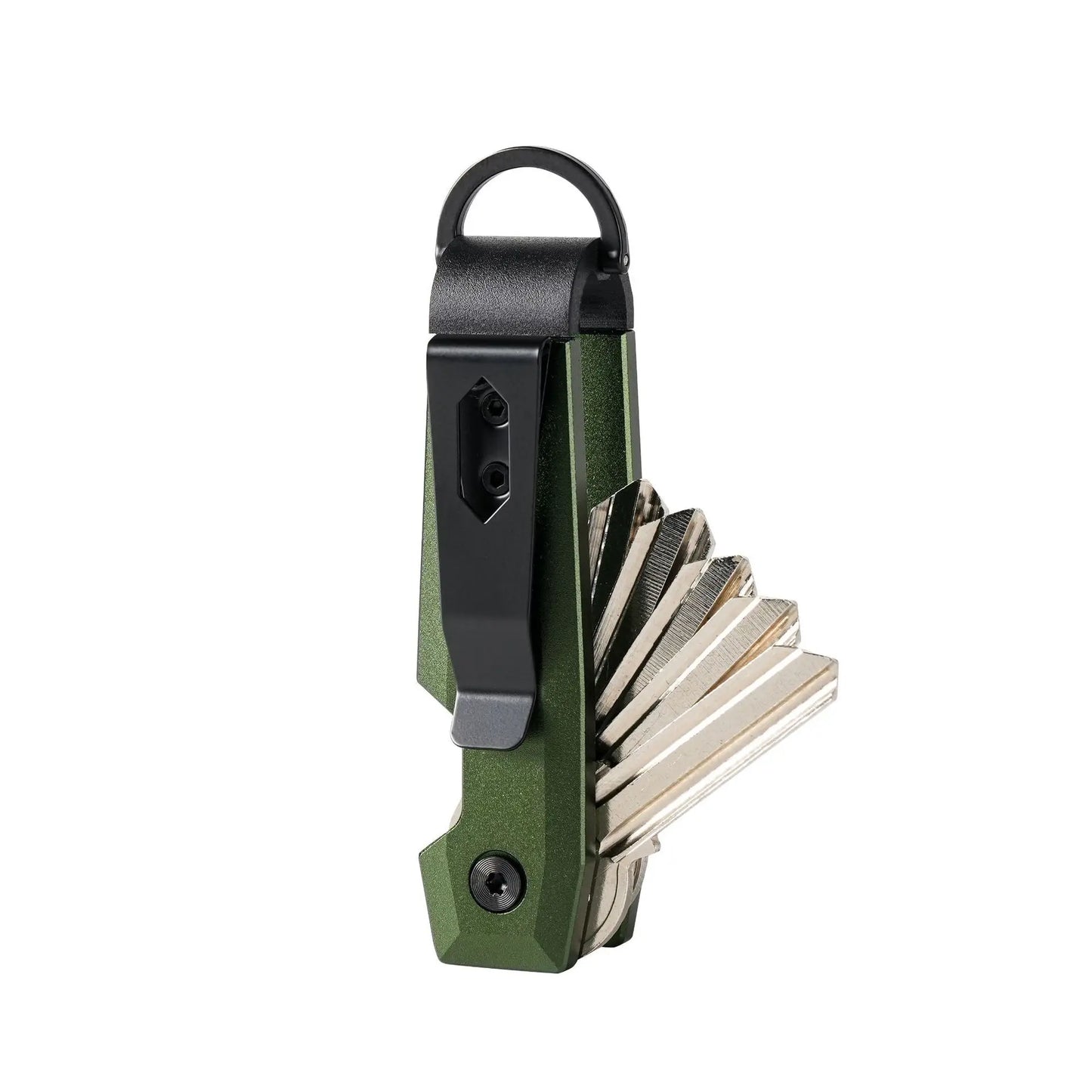 Green key organizer with multiple keys on a white background
