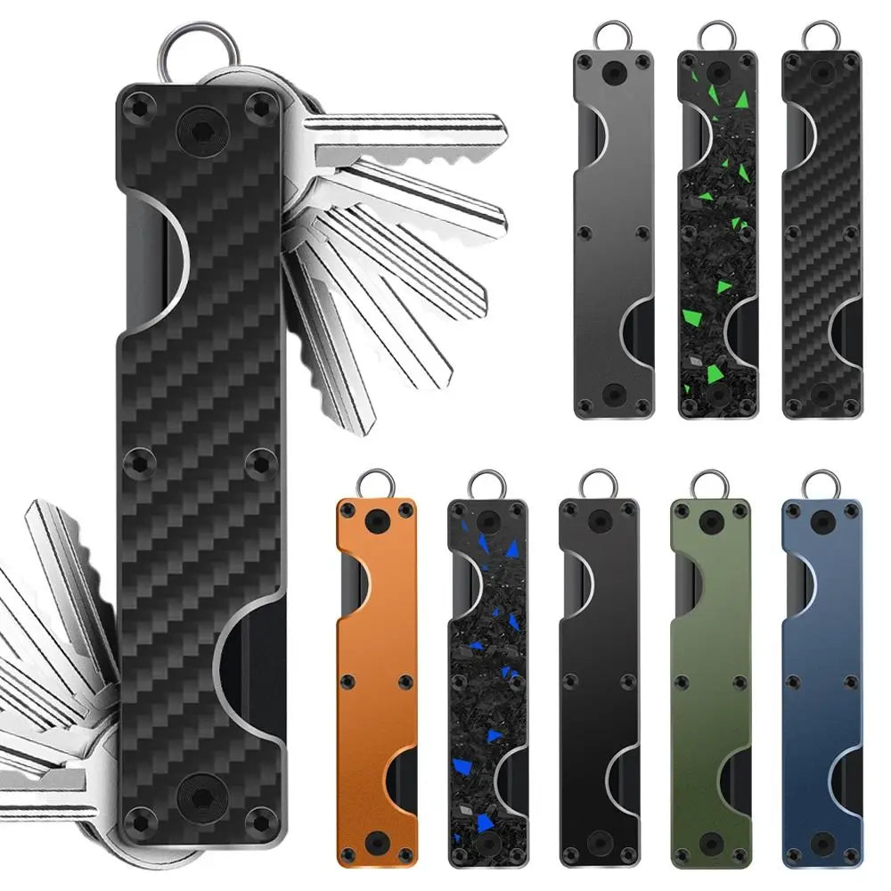 Multitool keychain with carbon fiber texture and additional keychain tools in various colors.