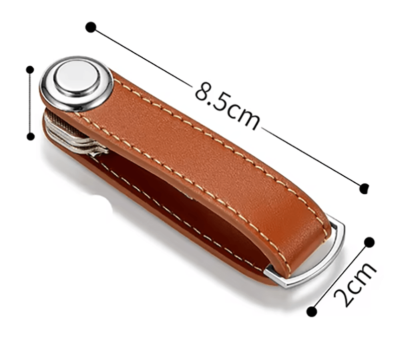 Brown leather key organizer with measurements on a white background
