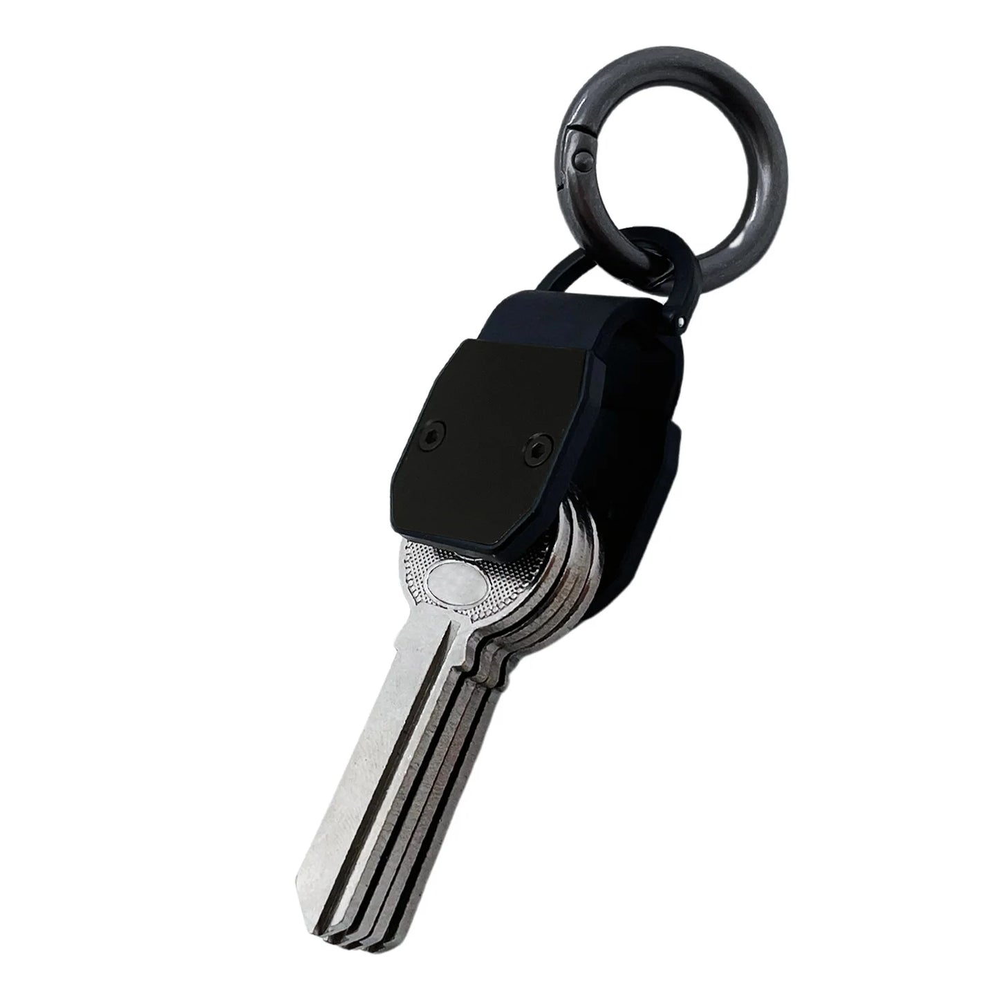 Keychain with keys and black clip on a white background