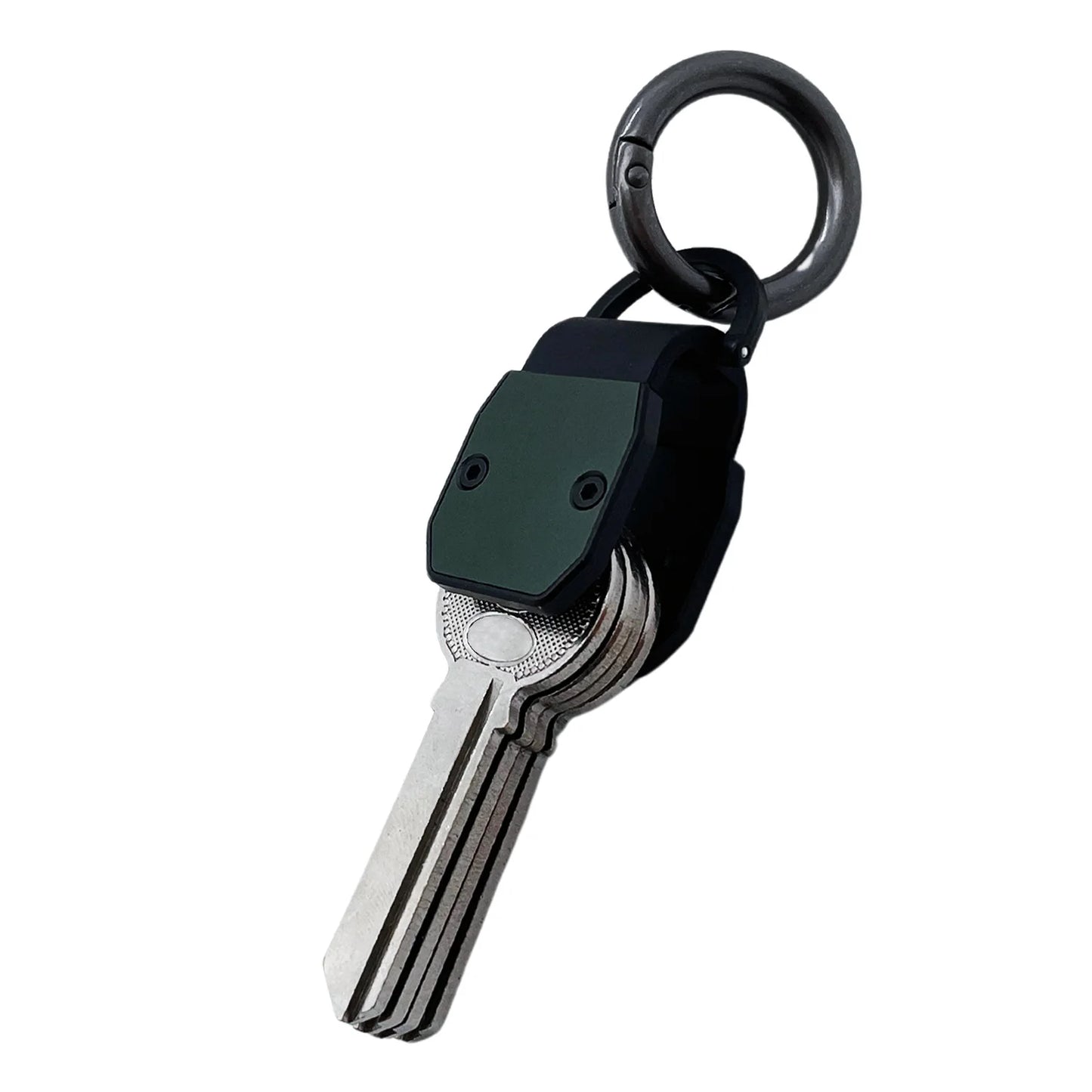 Key organizer with keys and a black clip on a white background