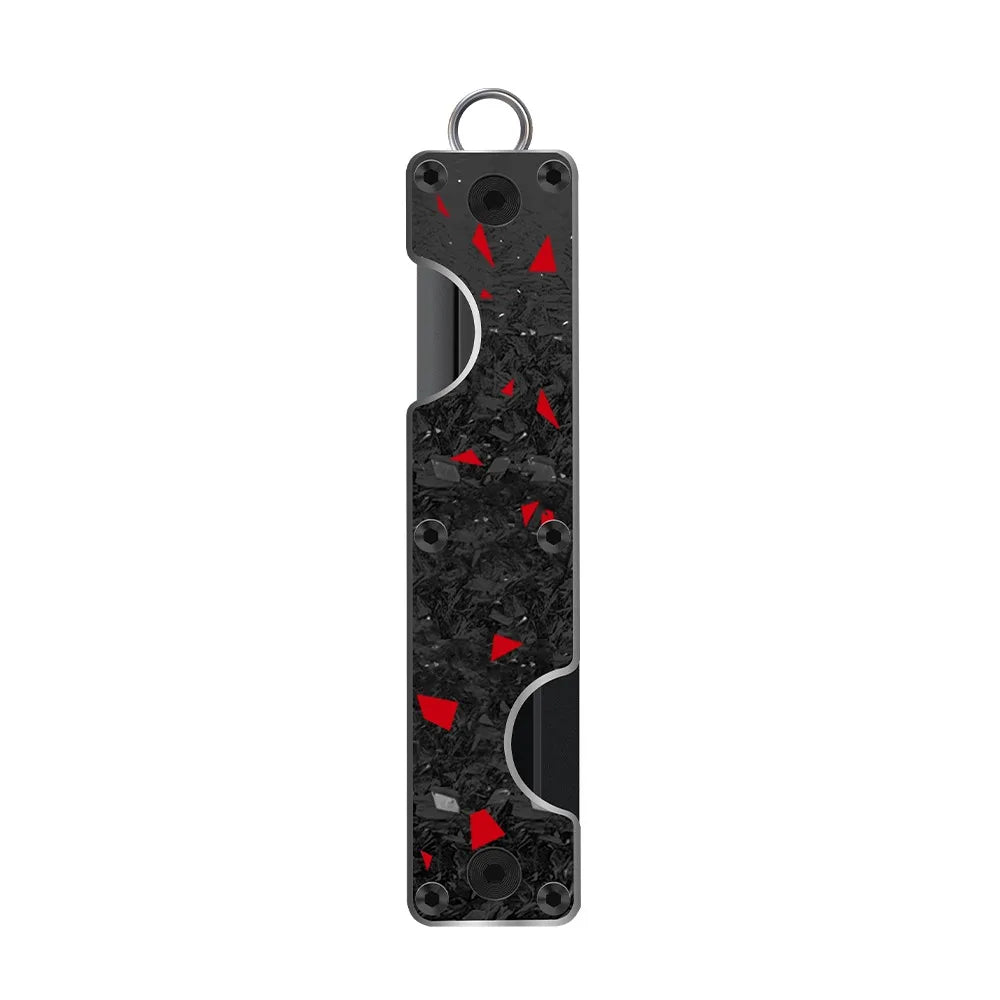 Carbon Fiber Colored key holder with red accents and keyring on white background.