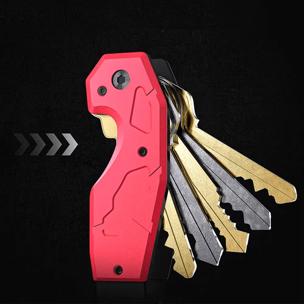 Red multi-tool with keys on a black background.