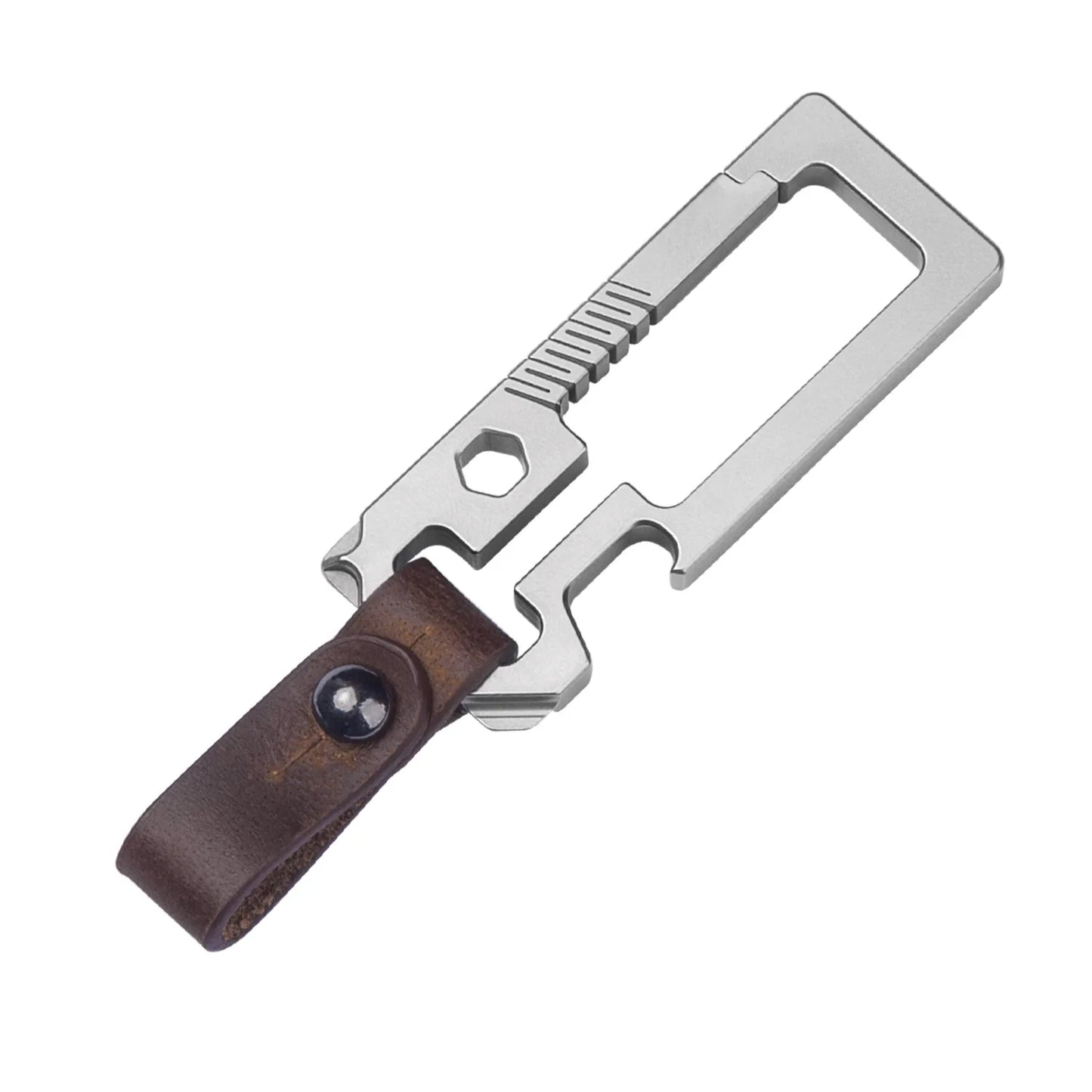 Silver Titanium and Leather Multi-Tool Carabiner Keychain.