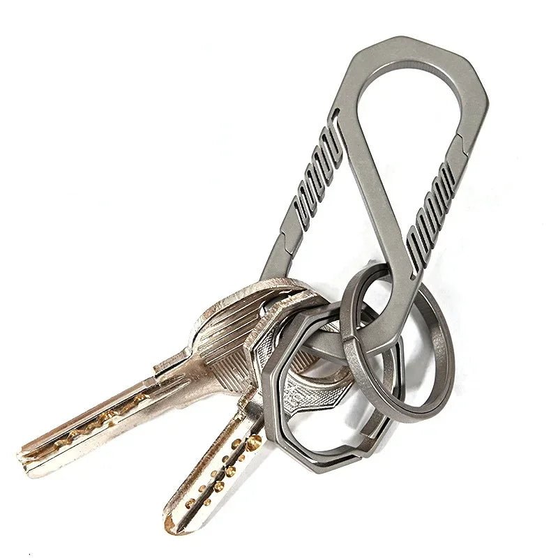 Titanium S-clip carabiner attached to keyring with silver keys
