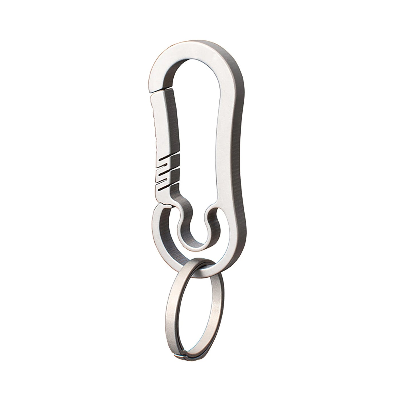 Metallic carabiner on a white background.