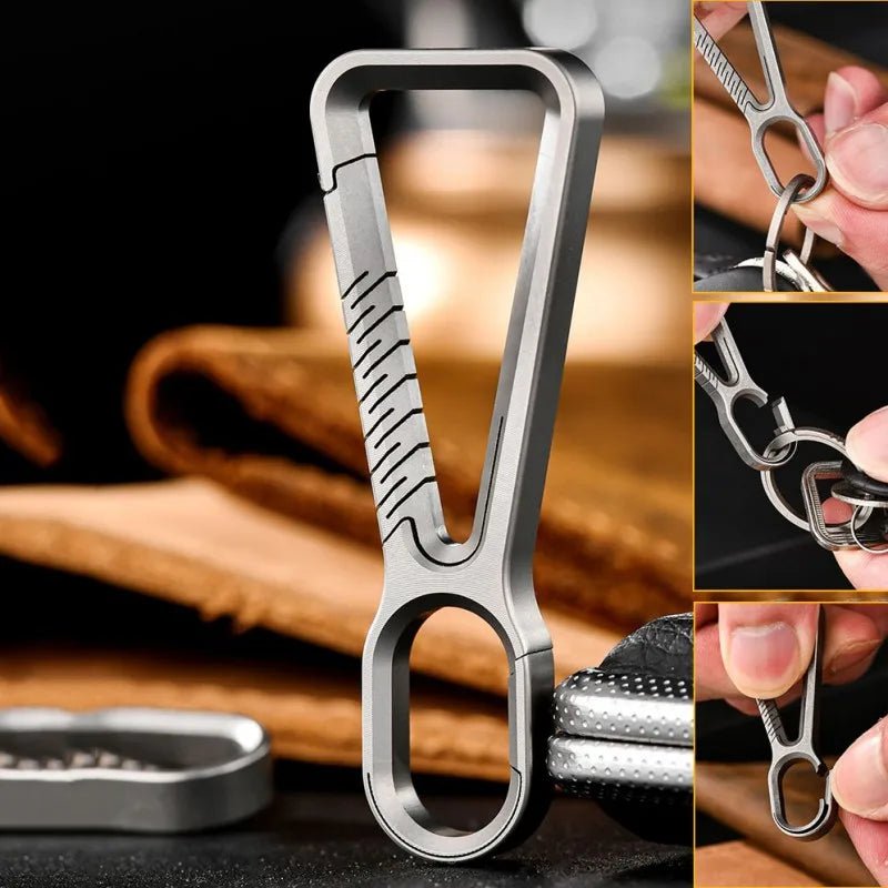 Titanium carabiner showing multi-angle functions and uses