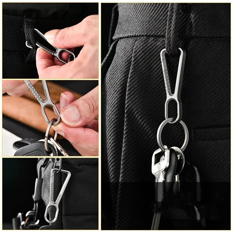 Titanium carabiner keychain in use on belt and backpack