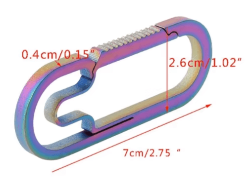 Titanium Alloy Carabiner with dimensions labeled - 7 cm long EDC snap hook.