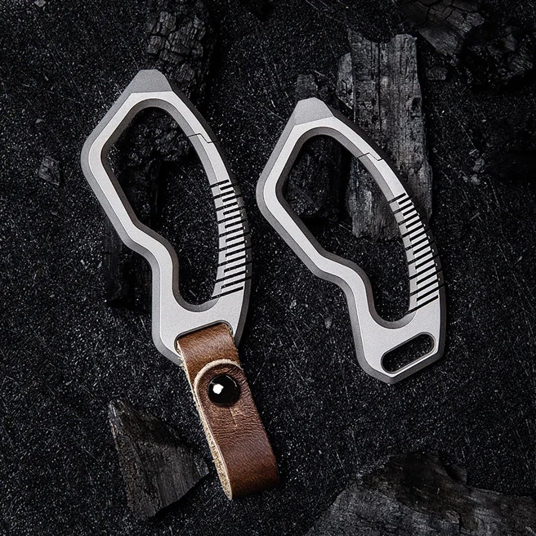 Titanium carabiners displayed with and without leather attachment