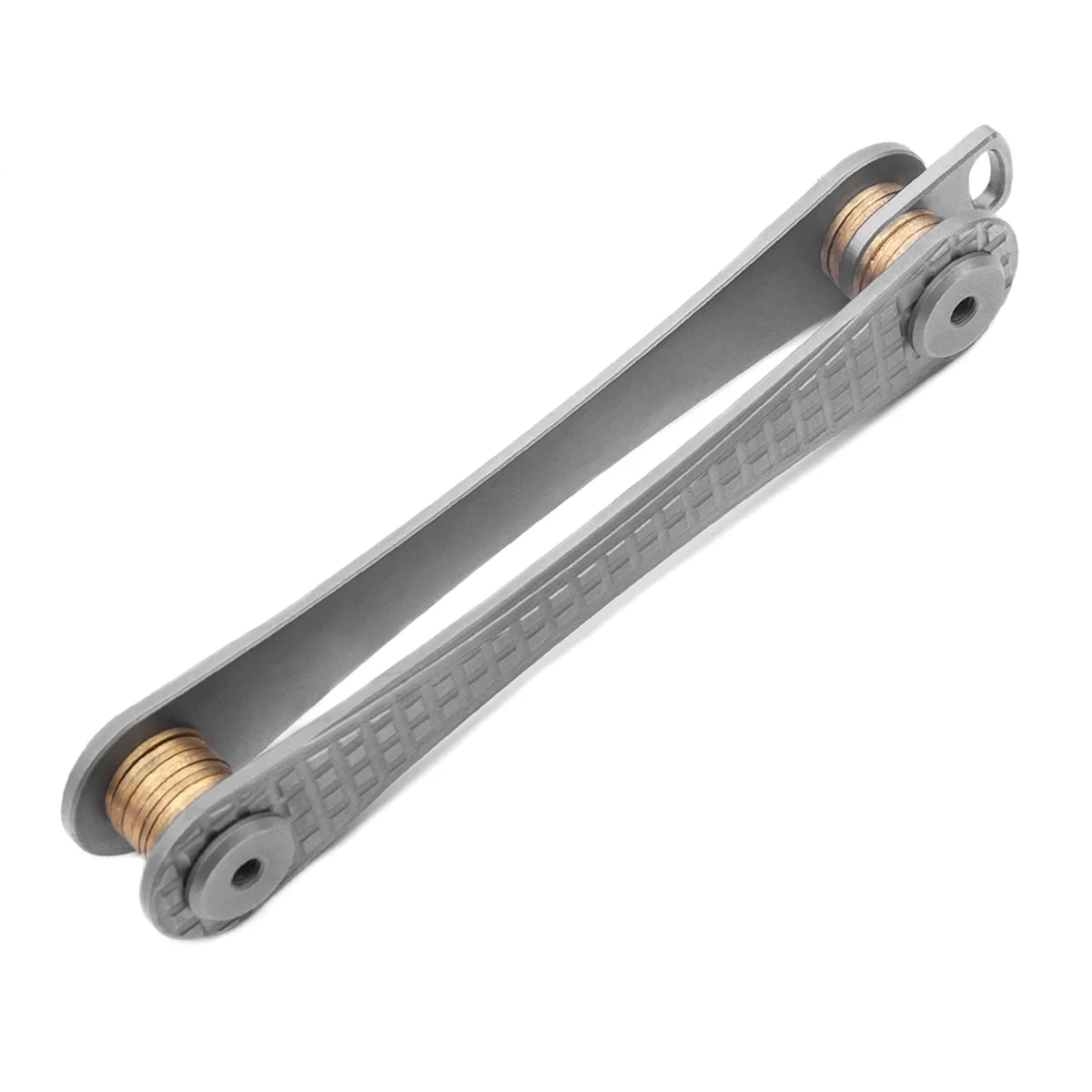 Metallic key organizer with two rollers on a white background