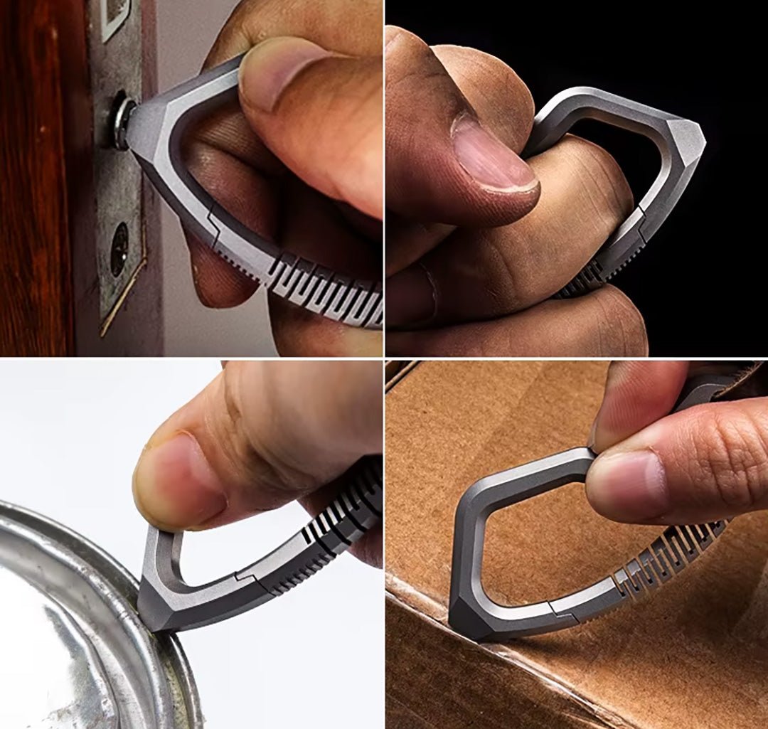 Titanium carabiner being used as screwdriver, box opener, and pry tool