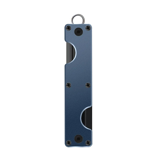 Blue pocket key holder with a keychain ring on a white background
