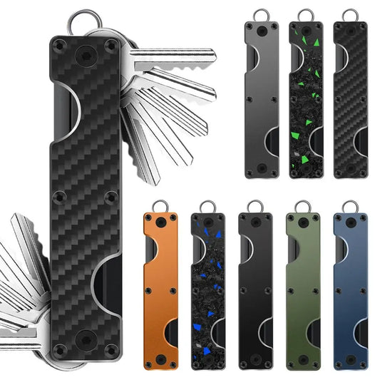 Multitool keychain with carbon fiber texture and additional keychain tools in various colors.