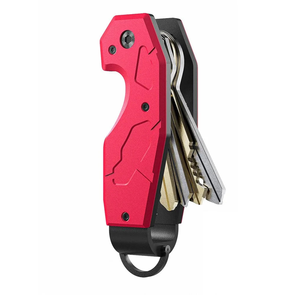 Red multi-tool with keys on a white background.