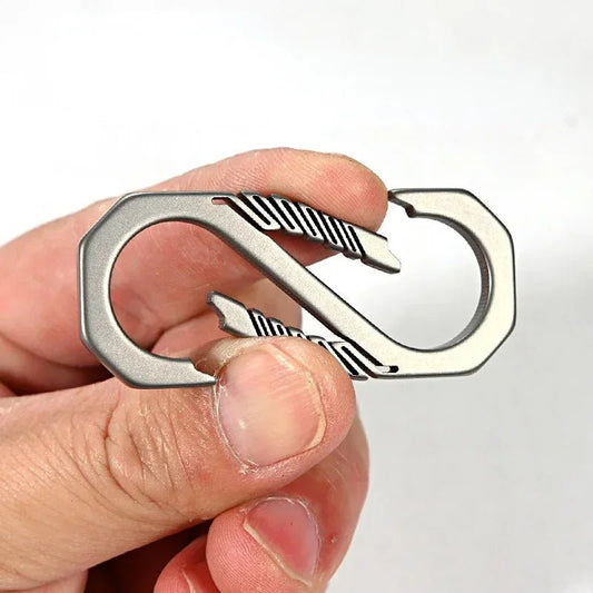Close-up of S-shaped titanium carabiner showing clip mechanism