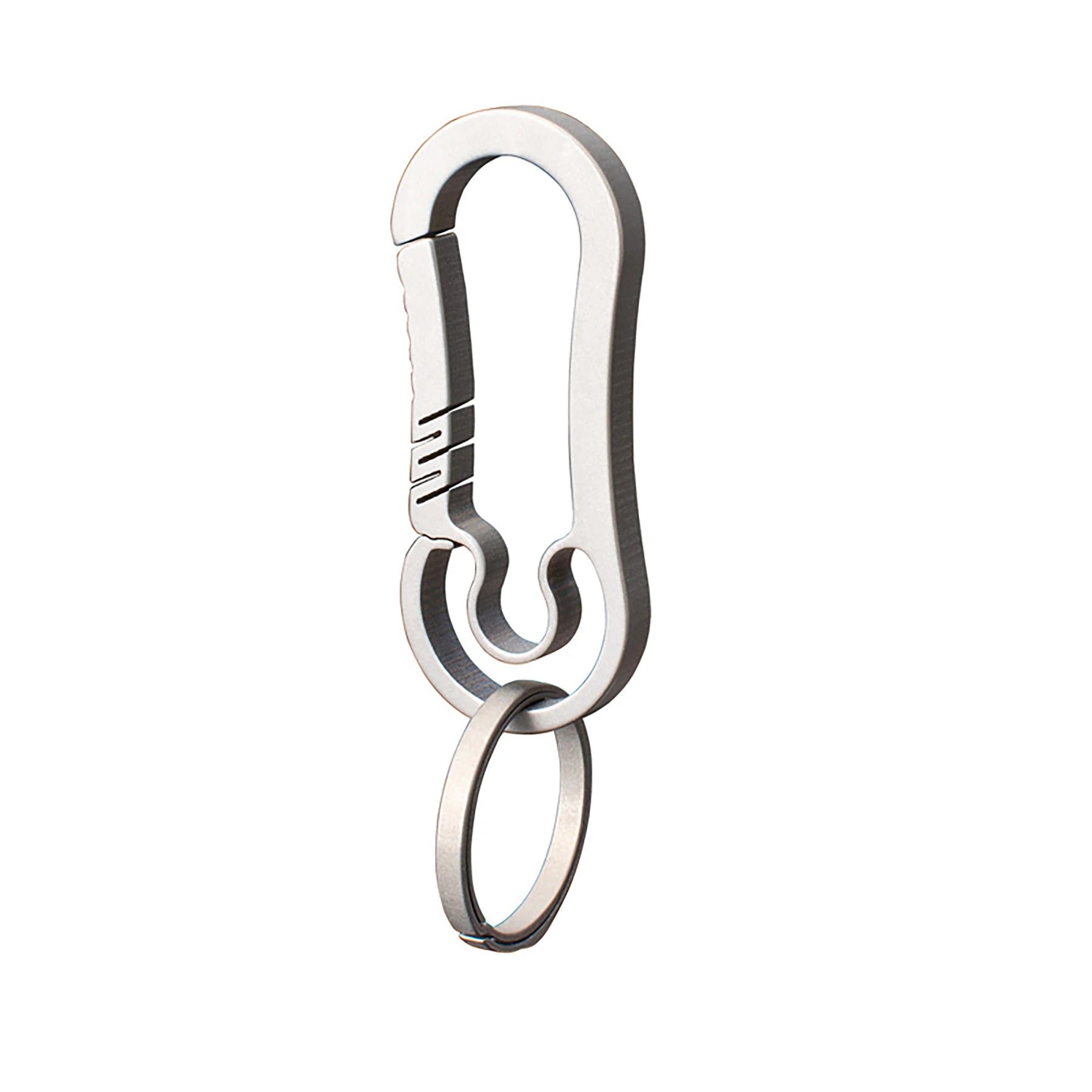Metallic carabiner on a white background.