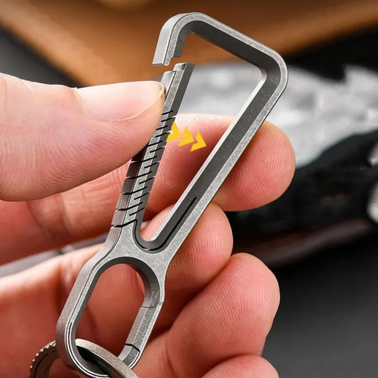 Close-up of titanium carabiner’s spring-free clip mechanism