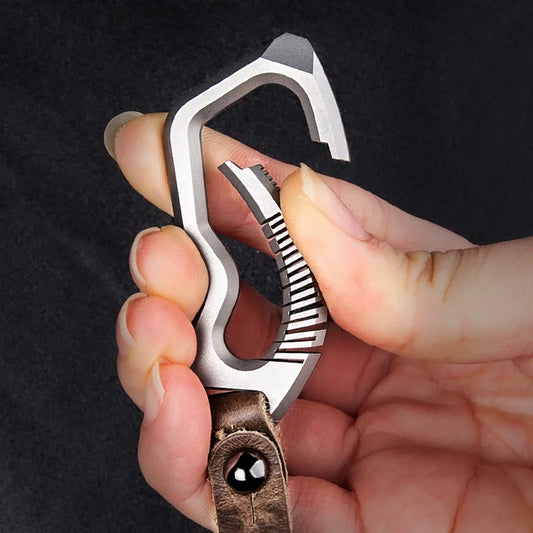 Mechanism detail of titanium carabiner and detachable leather strap