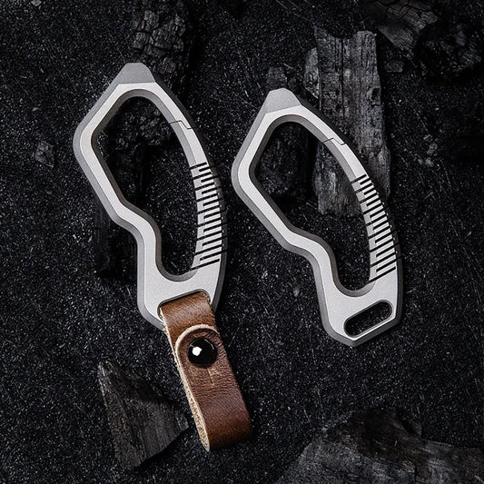 Titanium carabiners displayed with and without leather attachment